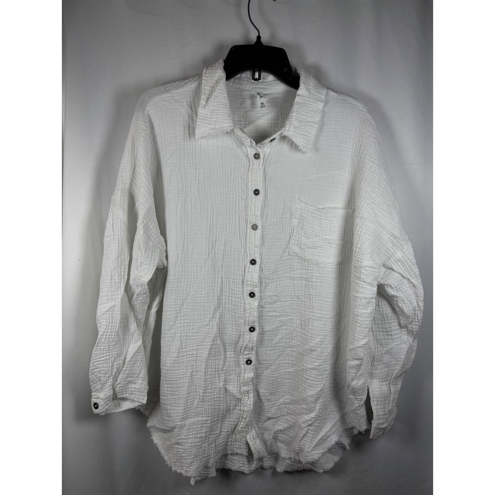 Zenana‎ Womens XL White Double Gauze Cotton Button Down Shirt Raw Hem QT-1271D4